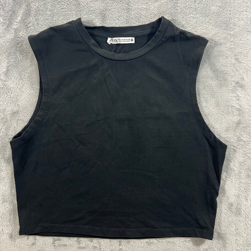 ZARA Crop Top Women Medium Black Fair Sleeveless‎ Crew Neck Basic Solid Casual